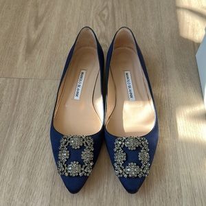 Manolo Blahnik Hangisi Navy Satin Jewel Buckle Flat Shoes